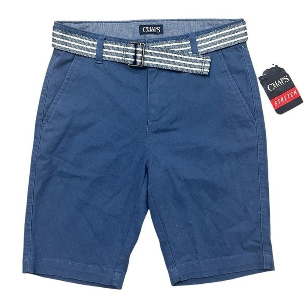 NWT Chaps Boys‎ Chino Shorts Belt Blue Stretch Twill 8"Flat Front School Size 10